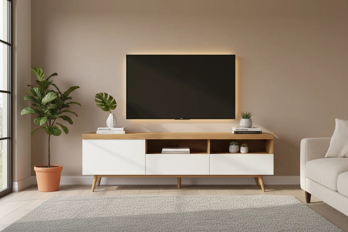 وحدة تلفزيون مودرن MDF – أبيض × خشبي