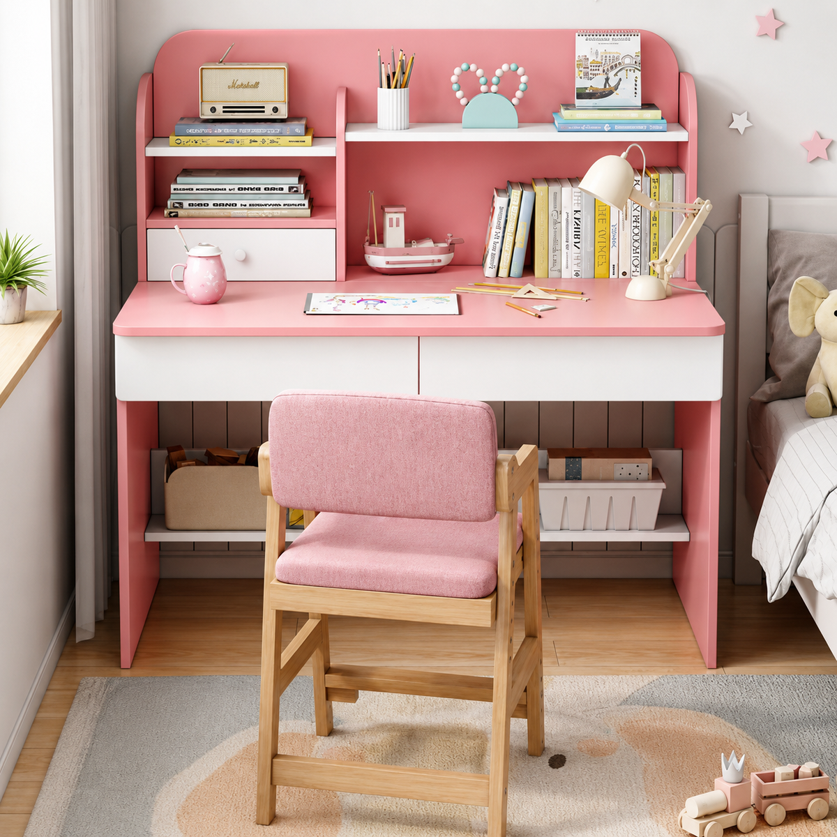 Pink Kids Study Desk with Shelves-مكتب اطفال ابيض وزهري