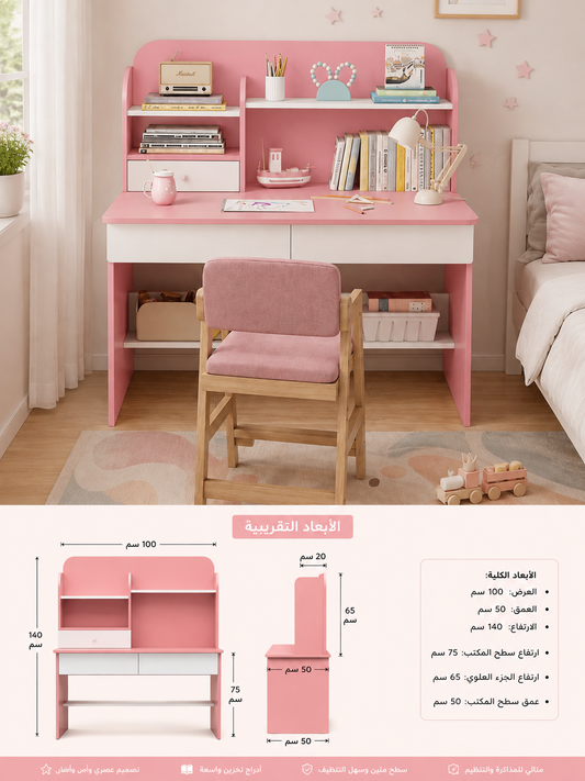 Pink Kids Study Desk with Shelves-مكتب اطفال ابيض وزهري