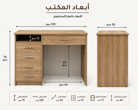 مكتب عملي بـ 5 أدراج ورف تخزين – خشبي