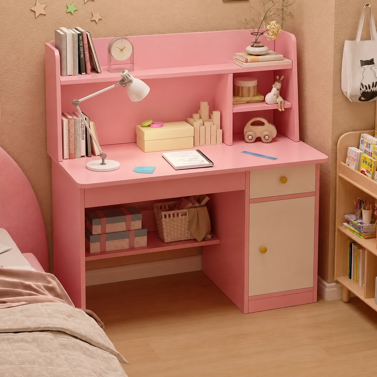 مكتب اطفال ابيض وزهري-Pinkand white Kids Study Desk with Shelves